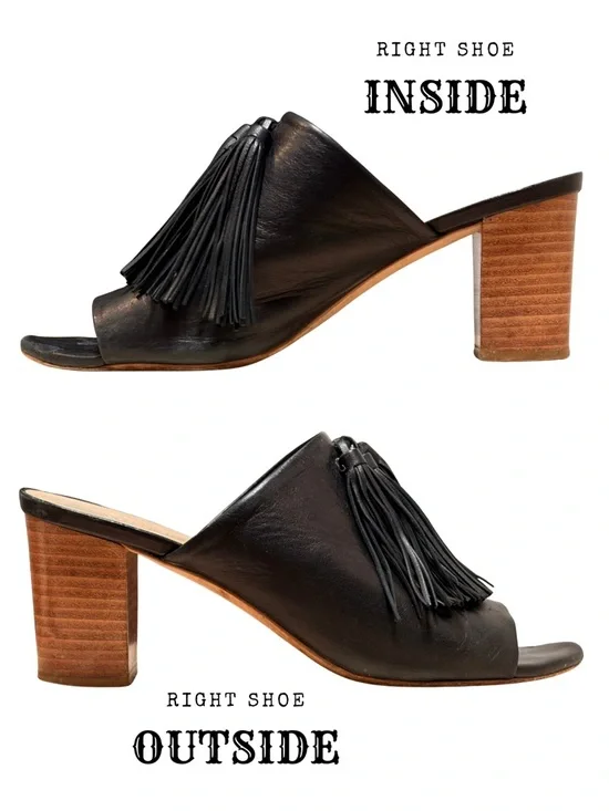 LOEFFLER RANDALL Cleo Black Tassel Leather Block Heel Sandal Mules + Box - Picture 4 of 16